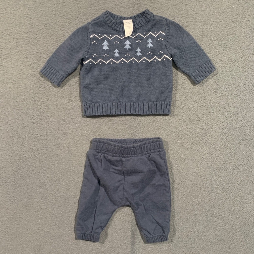 Carters Child of Mine Baby Boy Blue Fair Isle Tree Sweater and Pants Set 0-3M